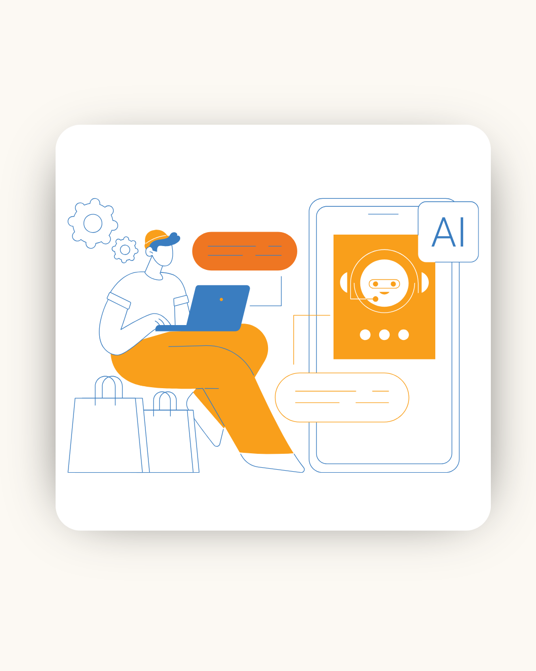 Person with shopping bags using a laptop, interacting with an AI chatbot on a mobile phone for assistance.