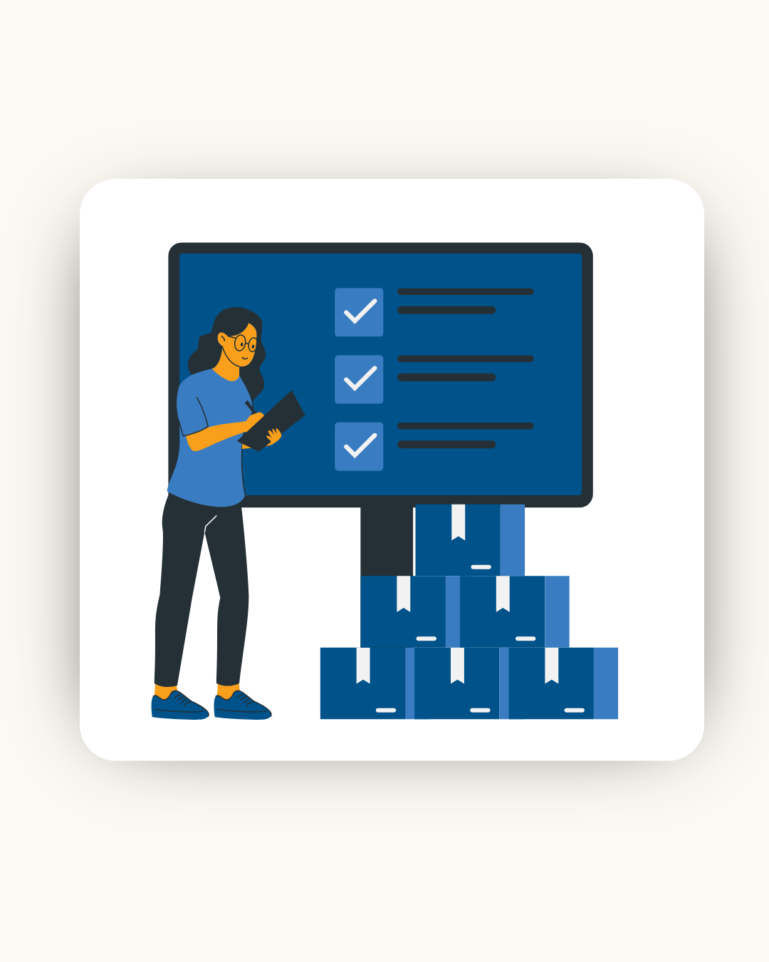 Woman with clipboard reviews checklist on screen beside stacked boxes, representing AI inventory management.
