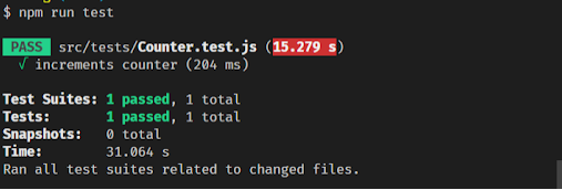 React Unit Testing with Jest, result of code snippet show after the execution of the test 